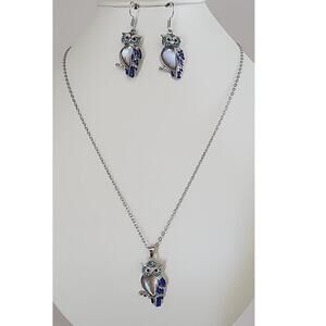 Owl Pendant Necklace and Earrings Set Blue Rhinestone & Faux Jewel Silver Tone